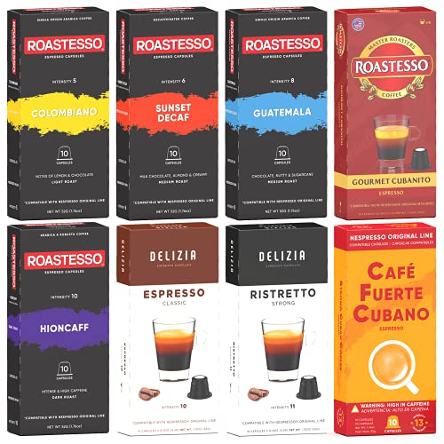 Roastesso, Cafe Fuerte Cubano & Delizia Coffee Pods, Espresso Variety Pack, Nespresso Compatible Capsules for Original Line Machines, Dark Roast Intensity, Ristretto Cafecito, Lungo Decaf (80 Count)