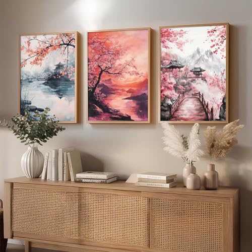 Image of kotart Big Aesthetic Japanese Nature Art View Framed Poster | Castle View Wall Framed Posters for Living Room Bedroom Wall Decor Set Of 3 (20x30 Inch)