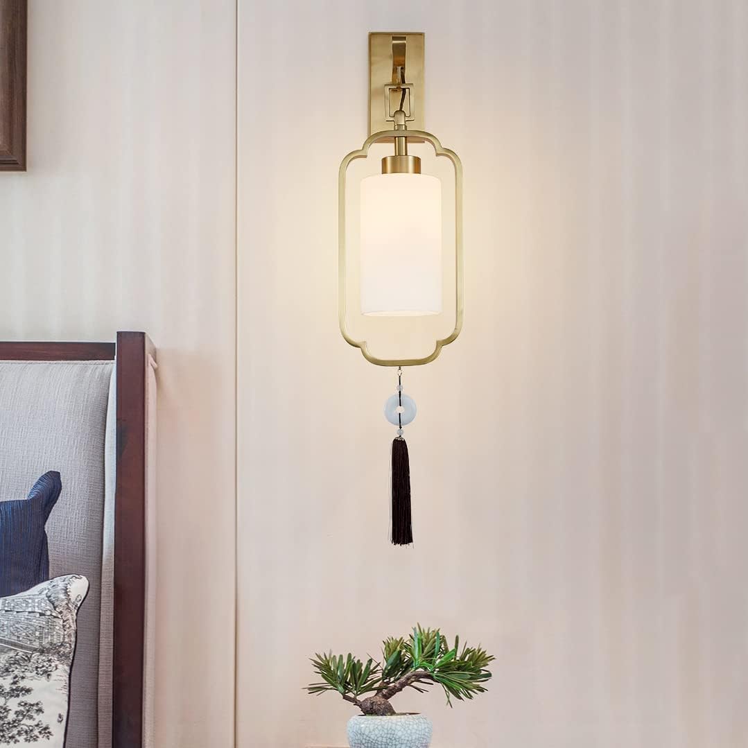 ASerZenith Led Wall Lamp, All Copper 丨New Chinese Sconces With Pendant Decoration丨Lantern Hanging Lamp Zen Wall Fixturesfor Living Room Tv Background Wall Bedroom Bedside Lamps(B)