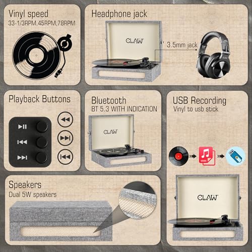 Image of Claw Stag Retro Vinyl Record Player with Bluetooth 5.3, 10W Stereo Speakers, 33 /45 /78 RPM, USB Recording, AUX-in, RCA Out, Headphone Jack, Volume Knob & Playback Buttons | Grey