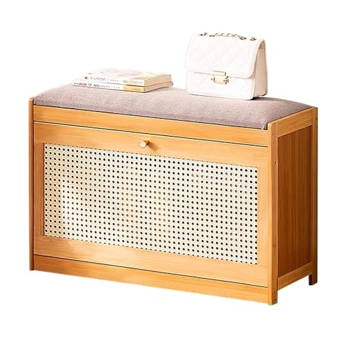 Banco de entrada de madera maciza con asiento de cojín de lino y puerta para almacenamiento y asientos organizados