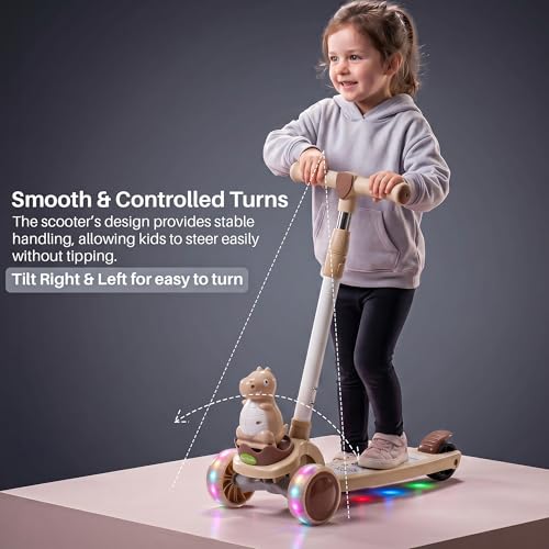 Image of Baybee Dino Blaze Kick Scooter for Kids | 3 Wheel Skate Scooter with RGB LED Wheels & Music | 3 Height Adjustable T-Bar Handle & Rear Brake | Foldable Skate Scooter for Kids 3 to 8 Years (Khaki)