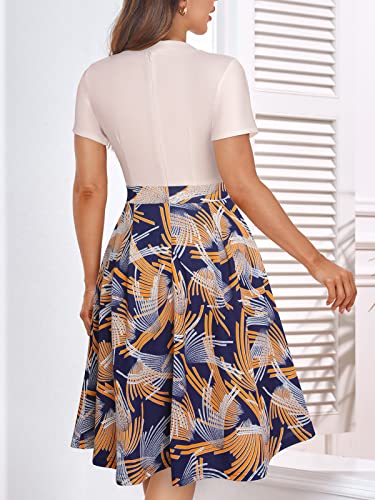 Image of YATHON Womens Elegant Print Notched Neck Slant Pocket Pleated Hem Casual A-Line Dress