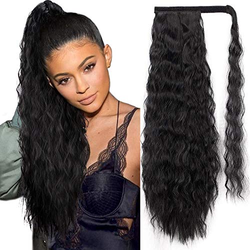 HMD 22 Inch Long Corn Wave Ponytail Extension Magic Paste Heat Resistant Wavy Synthetic Wrap Around Ponytail Black Hairpiece for Women (1B)