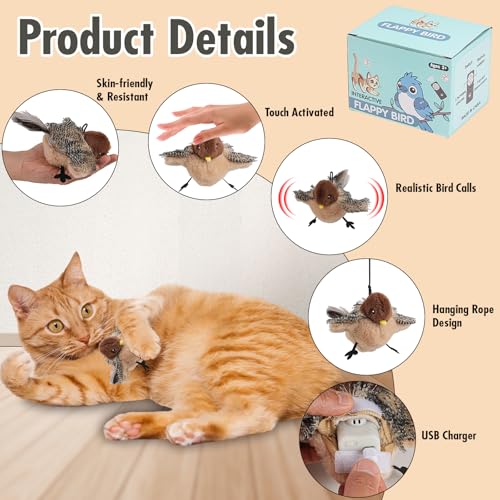 CMANLNYK Flapping Chirping Bird Cat Toy - Interactive Flying Flappy Bird Sparrow Toys, Touch Activated with Remote Control for Cats Kittens Pet Indoor