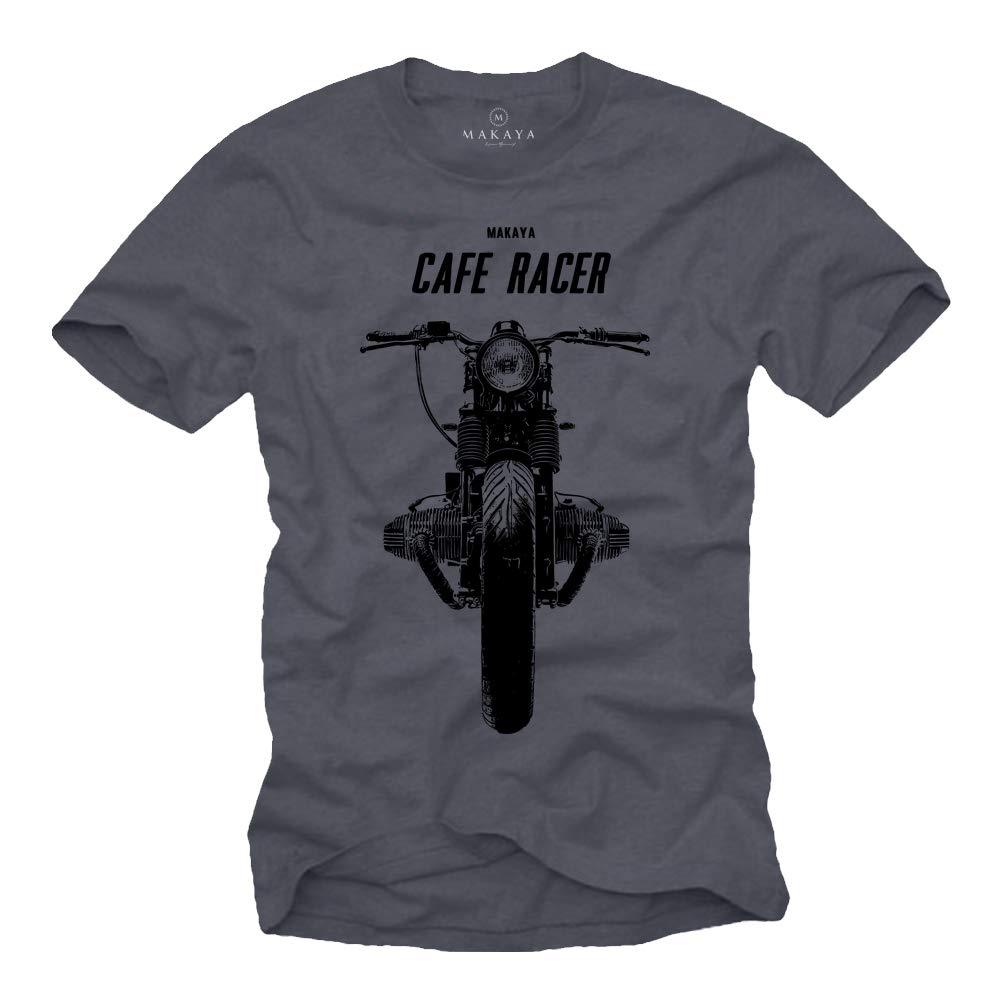 MAKAYA Vintage Cafe Racer T-Shirt - Boxer Twin Motorcycle - Blue-Grey M