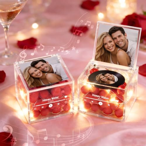 SOUFEEL Boîte à Musique Personnalisée avec Photo - Cadeau pour Couple, Femme et Homme, Boite a Musique en Acrylique avec Chanson Spotify, Saint Valentin...