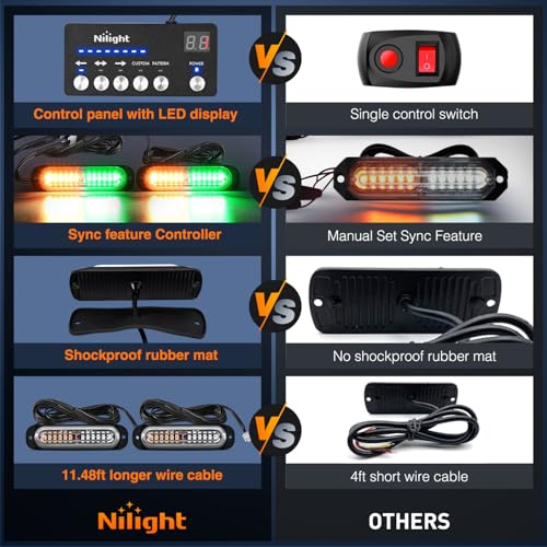 Image of Nilight 8PCS Led Strobe Lights with Controller 12V 24V Sync Amber Green | 12 LED Surface Mount Emergency Hazard Warning Lights with Strobe Controller for Vehicle Car Truck RV ATV