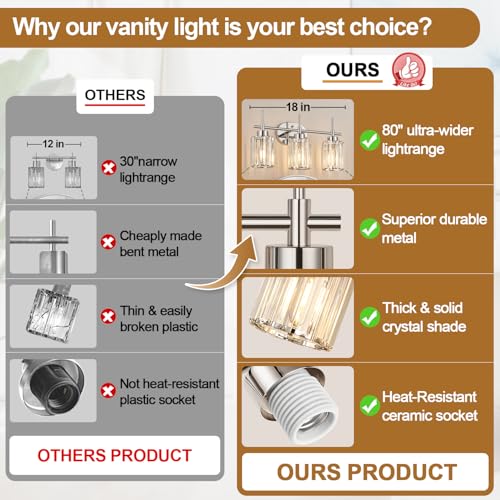Image of Modern Crystal Bathroom Vanity Light, 3-Light Chrome Vanity Light with Clear K9 Crystal Shades, Bathroom Light Fixtures Over Mirror (Bulbs Not Included)