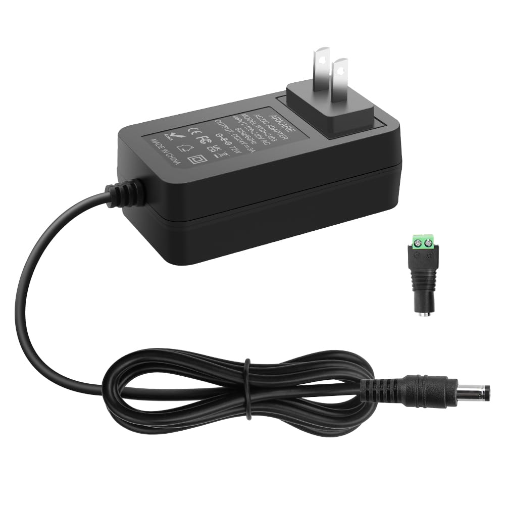 Arkare 24V 3A Power Supply Adapter 72W 100V-240V AC to DC Adapter 24 Volt 3A 2A 1A 500mA Replacement Power Cord 5.5x2.5mm/2.1mm Barrel Plug for COB