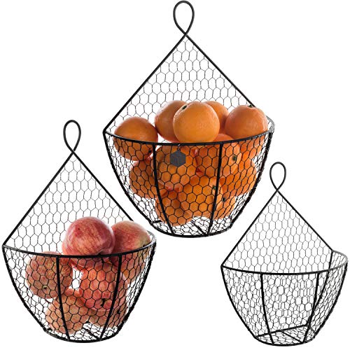 MyGift Wall Mounted Brown Metal Chicken Wire Hanging Fruit Basket, Country Farmhouse Kitchen Vegetables and Produce Storage Bin, Set of 3