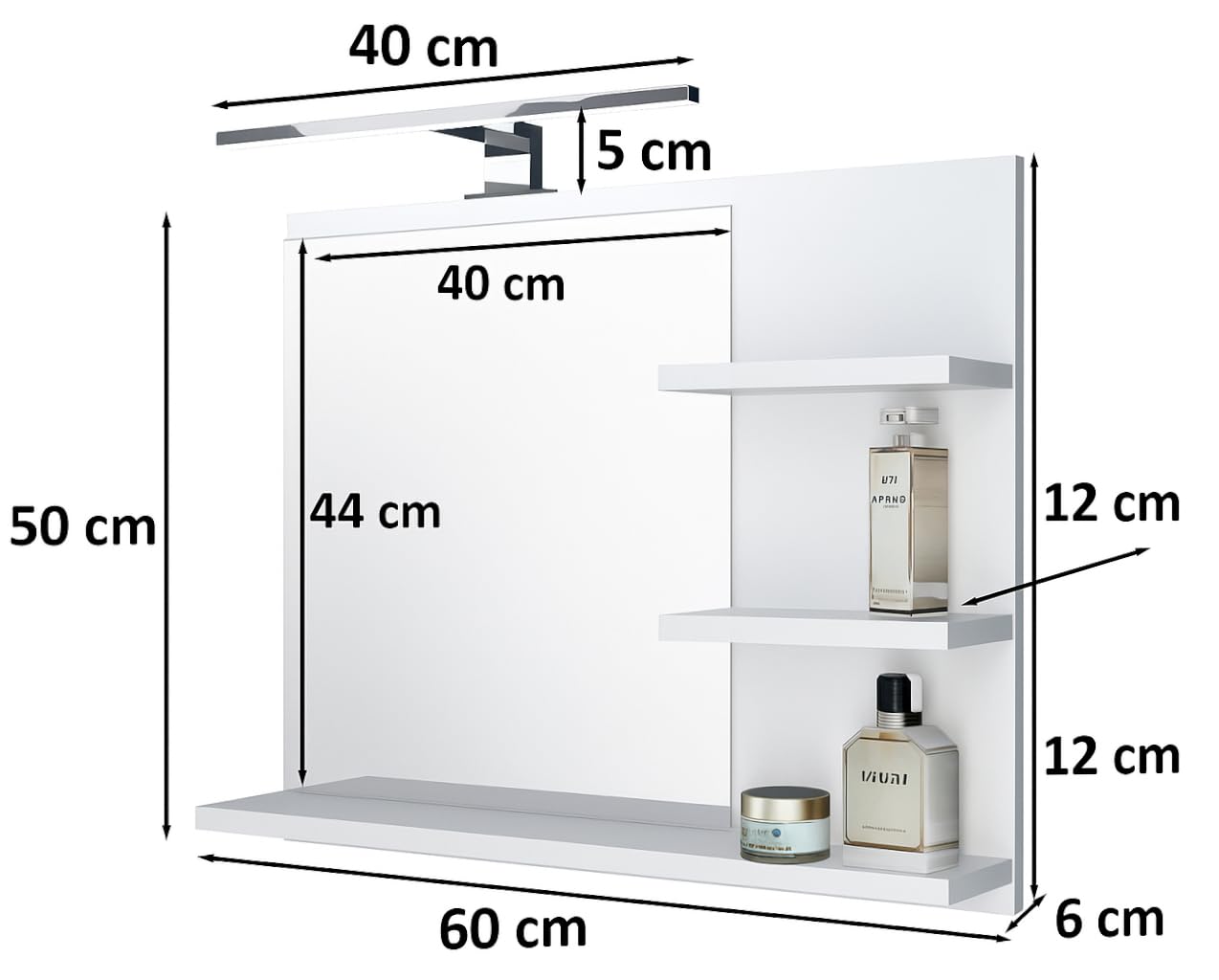 Badspiegel mit 3 Ablagen Badezimmerspiegel Spiegel Regal Wandspiegel Hängespiegel Badmöbel Spiegel Flurspiegel für Schlafzimmer für Badezimmer Weiß 60X50 LED Lampe - Recht