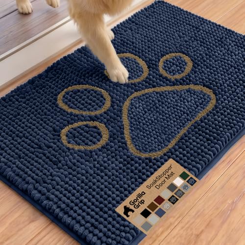 Image of GORILLA GRIP SoakSTOPPER Dog Door Mat, 36x24 Machine Washable Rug Absorbent Doormat Captures Moisture Mud Dirt, Quick Dry Soft Chenille Entryway Rugs Indoor Entrance Mats for Dog Paws, Navy