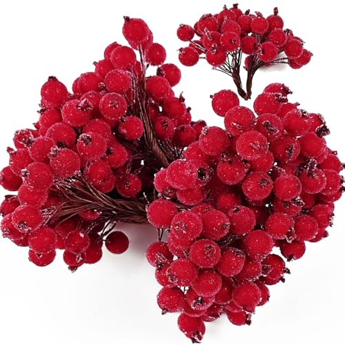 YOOHUA Künstliche Stechpalmenbeeren, 12 mm, 12 mm, künstliche Stechpalmenbeeren auf Drahtstielen, Mini-Weihnachtsbeeren, künstliche Blumen für Zuhause, Hochzeit, Party, Geburtstag, DIY-Girlande