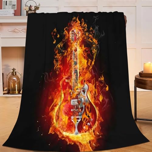 Guitar music blanket flame guitar decor throw blanket gifts for girls boys super warm soft plush lightweight fleece flannel winter couch bedding blankets for kids adults women men 50x40