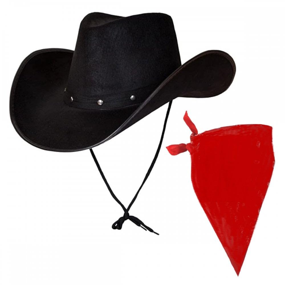 Titch & Timbo Black Texan Cowboy Hat + Bandana Set : Adult Mens Womens Western Wild West Rodeo Barn Dance Cowgirl Music Festival Pop Tour Fancy Dress Accessory (Plain Bandana, Red Bandana)