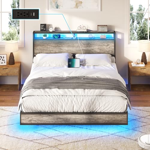 AMERLIFE Floating Bed Frame with Storage Headboard, Charging Station & LED Lights, Rustic Grey