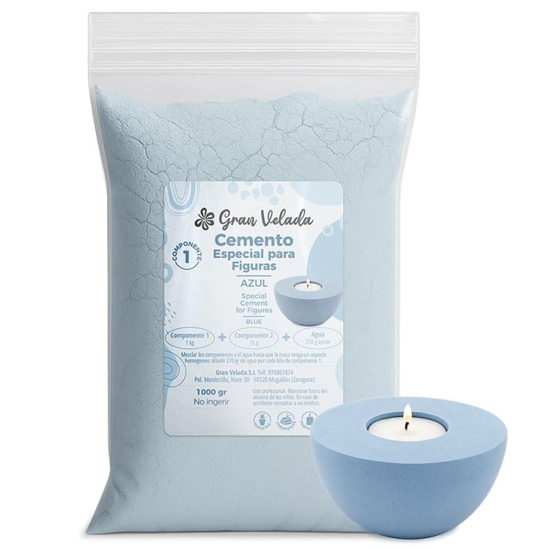 Gran Velada - Cemento para Figuras Azul 1 Kg | Concreto de Color Bicomponente | Secado Rápido 24 h | Ideal para Portavelas, Macetas, Jaboneras y Manualidades DIY