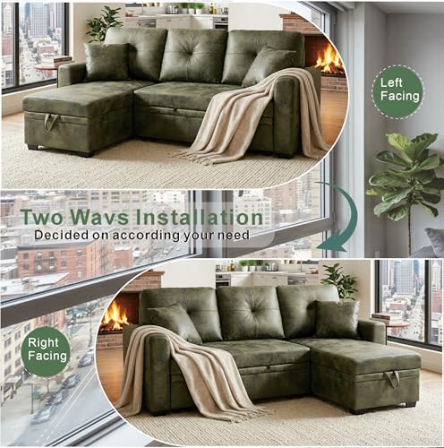 Image of KEIKI 71 inch Sectional Sleeper L Shaped Sofa with Pull Out Bed, Sleeper Sofa with Reversible Chaise, 3 Seater Modular Sectional Sofa with Storage for Living Room, Olive Green