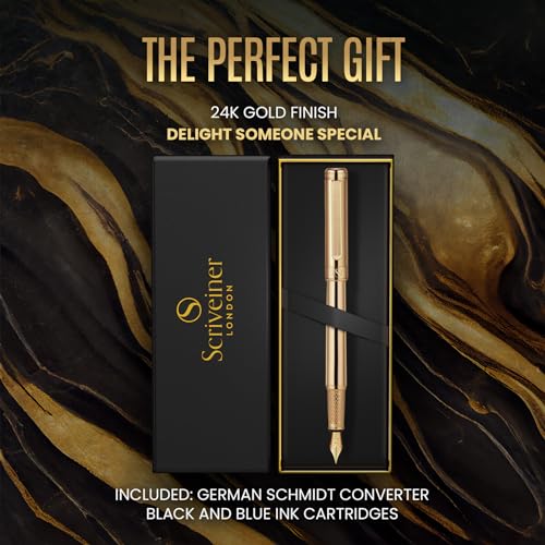 Image of Scriveiner Luxury Fountain Pen - Stunning Gold Pen, Real Gold Plating, Schmidt Gilded Nib (Medium), Converter, Best Pen Gift Set for Men & Women, Professional, Executive, Office, Nice Pens