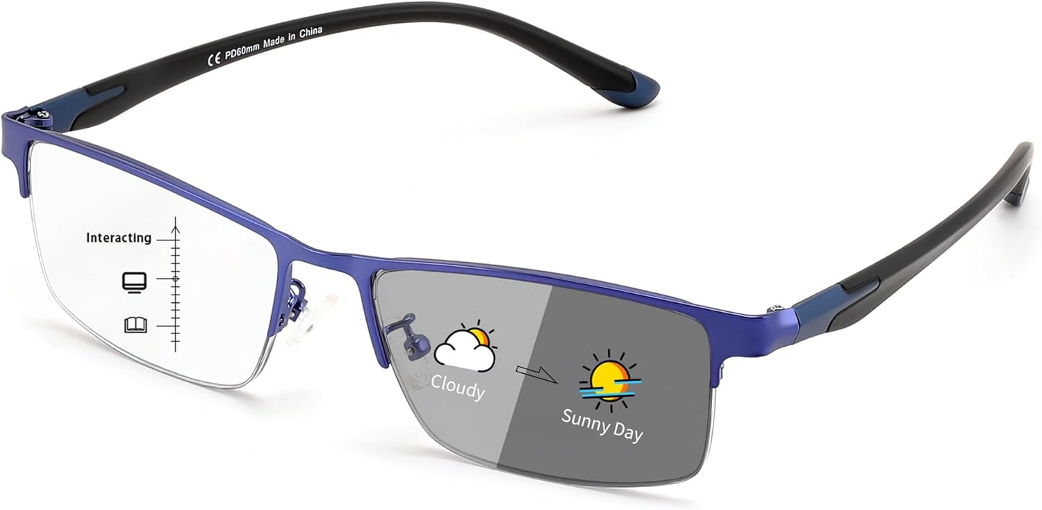 FEISEDY Blue Light Blocking Photochromic Multifocal Progressive Reading Glasses Vintage Half Frame UV400 Protection B1388