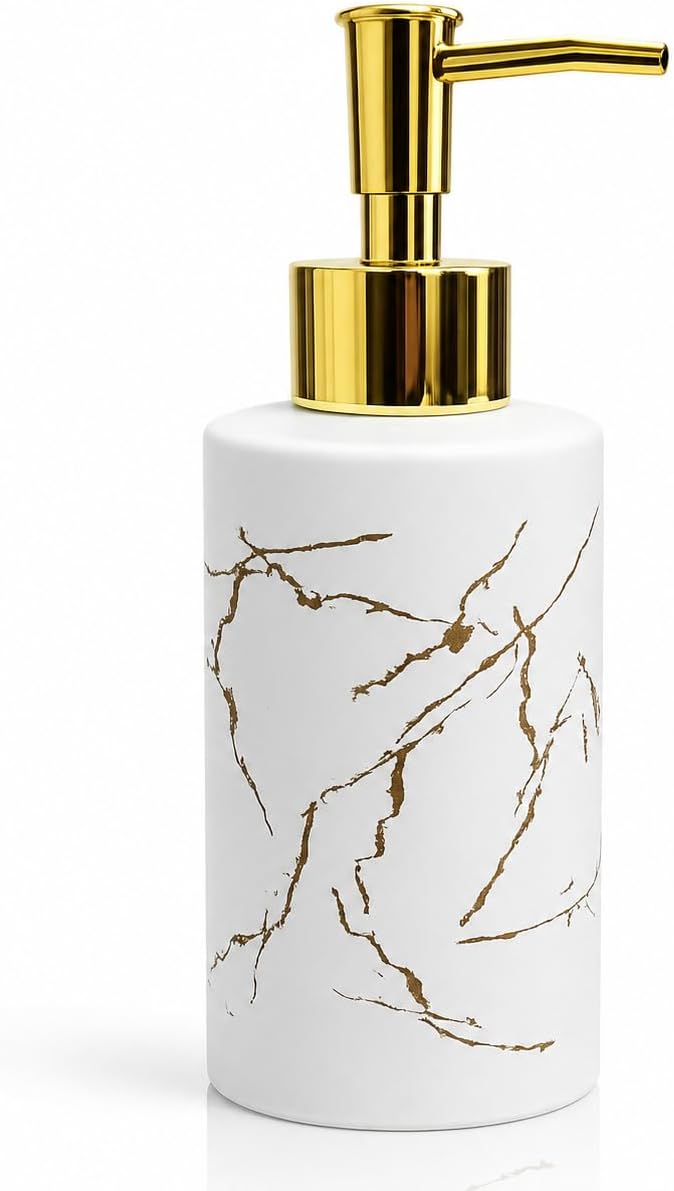 Luxury Round Ceramic Soap Dispenser 350ml - Elegant Marble Finish Hand Wash Bottle with Rust-Proof Gold Pump for Bathroom & Kitchen Sink - Refillable Liquid Dispenser for Shampoo & Lotion - (White)