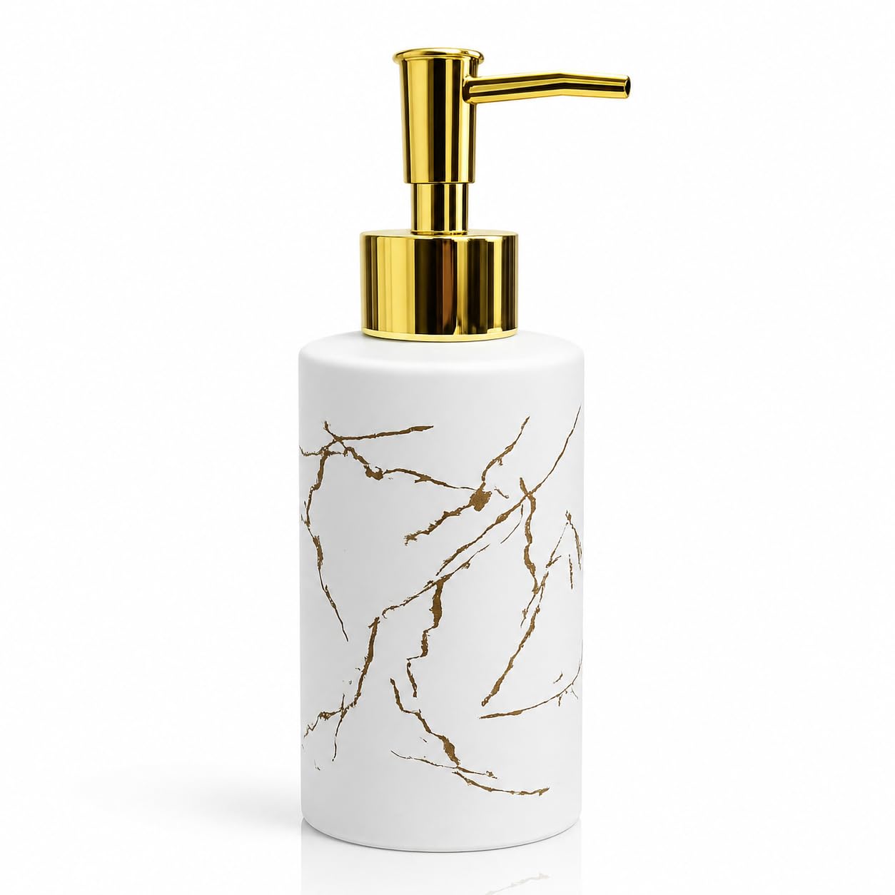 Luxury Round Ceramic Soap Dispenser 350ml - Elegant Marble Finish Hand Wash Bottle with Rust-Proof Gold Pump for Bathroom & Kitchen Sink - Refillable Liquid Dispenser for Shampoo & Lotion - (White)-image-47