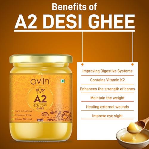 Image of Ovlin A2 Gir Cow Ghee | Traditional Bilona Method | Hand Churned Gir Cow Milk | Pure & Natural Desi Cow Ghee | Chemical Free | Rich Aroma & Taste | Ideal for Cooking & Daily Nutrition (500ml)