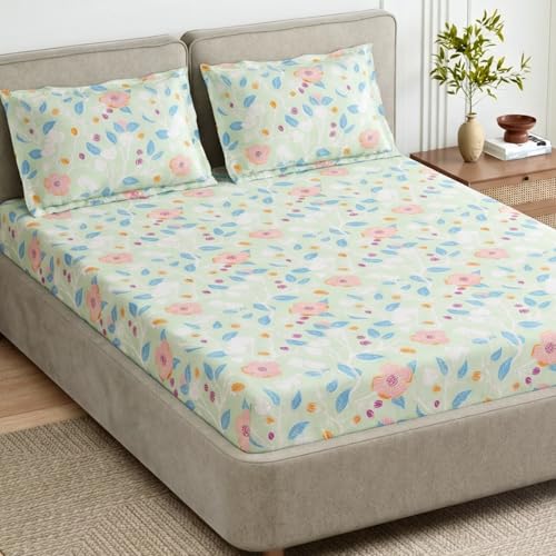 Image of Haus & Kinder Bloomfield Dawn Green Cotton Fitted King Bedsheet, Soft Breathable Cotton Bed Sheet with Elastic Corners for Double Bed, Elegant Floral Design