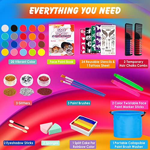 Kinderschminke Set,20 Farben Wasserbasis,Schnell Trocknende,Ungiftige Kinderschminke,Haarkreiden Pinsel Körperfarben Kinderschminke Set Mädchen,Gesichtsfarben Fürs Verkleiden Faschingsschminke