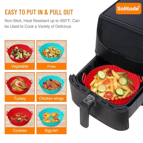 Image of Solitude Air Fryer Liner I Round Silicone Basket Baking Tray I Pot with Ear Handles I Nonstick Reusable Heat Resistant I Cooking Oven Insert Accessories - Multicolor (8 Inch, 1 Piece)