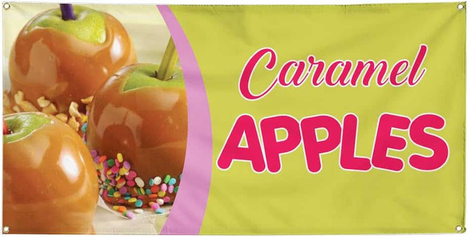 Vinyl Banner Multiple Sizes Caramel Apples Advertising Printing H Food & Beverage Candy Outdoor Weatherproof Industrial Yard Signs Green 4 Grommets 24x36Inches