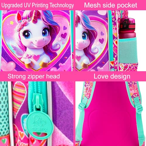 3PCS Girls Backpack, Kids Water Resistant Heart Bookbag Set with Lunch Box, Cute Kids School Bag for Preschool Toddler4