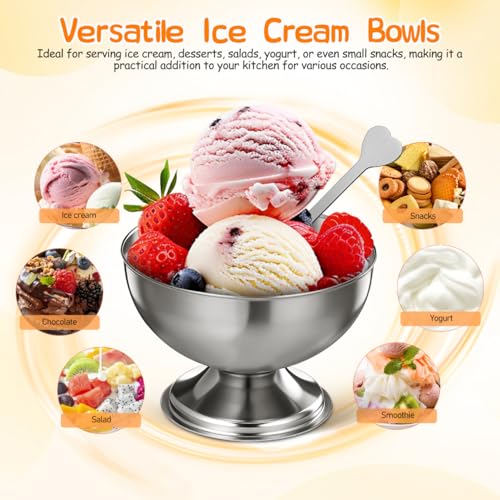 Image of Housoutil Ice Cream Cups, 4 Pcs Stainless Steel Serving Dessert Bowls, Round Sauce Bowls, Reusable Footed Yogurt Snack Candy Cups for Cake Salad Fruit Pudding Snacks Christmas Party