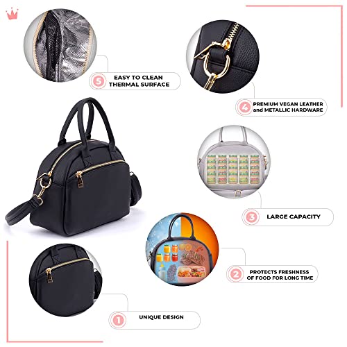Motheric Mona Vegan Leather Thermal Insulated Cooler Cute Designer Lunch Bag For Women - Lonchera Para Mujer - Linch Box - Baby Lunchbox (Black) #TOP3