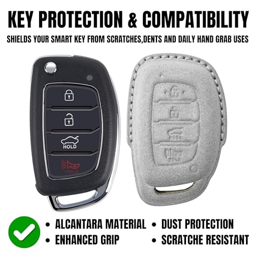 Image of KMH Alcantara Car Key Cover Compatible with Hyundai Alcazar Creta 2022 Venue i20 Tucson Elantra Smart keycover with Keychain 4 Button Shell Case Key Smart Keycover with Keychain (D2) Grey - Pack of 1