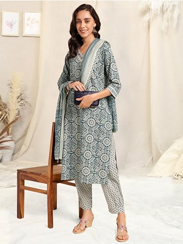 Image of MIRCHI FASHION Women's Straight Fit Pure Cotton Printed Kurta Set with Dupatta and Trouser