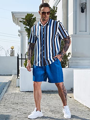 Shenhe Men's 2 Piece Outfits Striped Button Up Short Sleeve Shirt And Shorts Set Blue Stripe 3Xl #TOP5