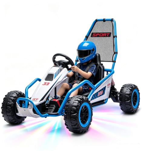 Wumagin 24V Kinder Elektroauto,Drift Gokart Dual 200W Motoren, Langlebige Räder & Metallrahmen, Fahren auf Spielzeug mit Musikfunktion und LED-Lichter, Kinderfahrzeug für 6-12 Jahre, Blau