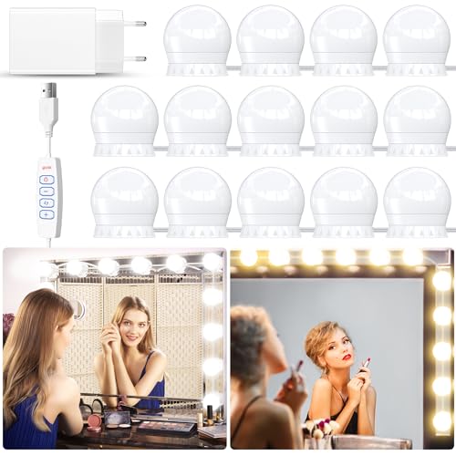 daphomeu Lumière de Miroir avec adaptateur, 14 Ampoules Hollywood Kit de Lumière LED, Câbles parfaitement Cachés, 3 Couleurs et 10 Intensités, Lumière...