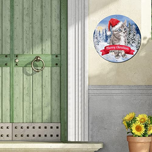 Round Metal Sign Merry Christmas Deer Cat Circle Wreath Sign Vintage Wall Home Sign Decorative Christmas Metal Art Prints For Backyard Workshop Garden Christmas Xmas Decor 12 Inch #TOP4