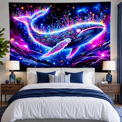 Image of BlissYard Blacklight Tapestry Glow In The Dark Tapestry UV Reactive Tapestry 78x59 Inches Cosmic Whale Fluorescent Wall Hanging with Neon Circuitry Tapestry for Bedroom Space and Technology Theme