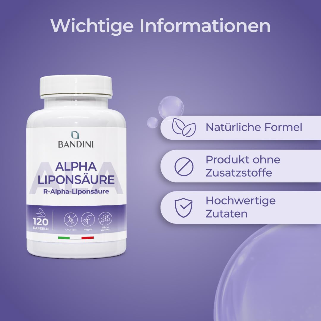 Bandini® Alpha-Liponsäure (Alpha Lipoic Acid) 650 mg Depot | 120 hochdosierte vegane Kapseln | Natürliches Antioxidans | Hohe Bioverfügbarkeit | Hilft bei Entzündungen | 4 Monats-Vorrat | Laborgeprüft