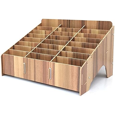 XICHENGSHIDAI Mobile Phone Storage Box, 24 Compartment Phone Holder, Caddy and Ink Pad Organizer for Office and School Supplies - Brown Cover