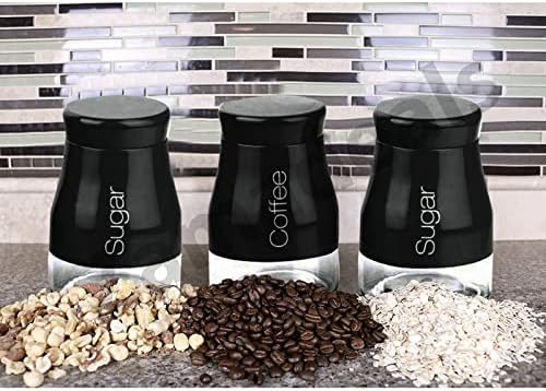 Kitchen Storage Canister Set of 3 Pcs, Tea, Coffee and Sugar, Glass Jar with Screw Lid, Kitchenware for Avid Tea & Coffee Drinkers (Matte Black)