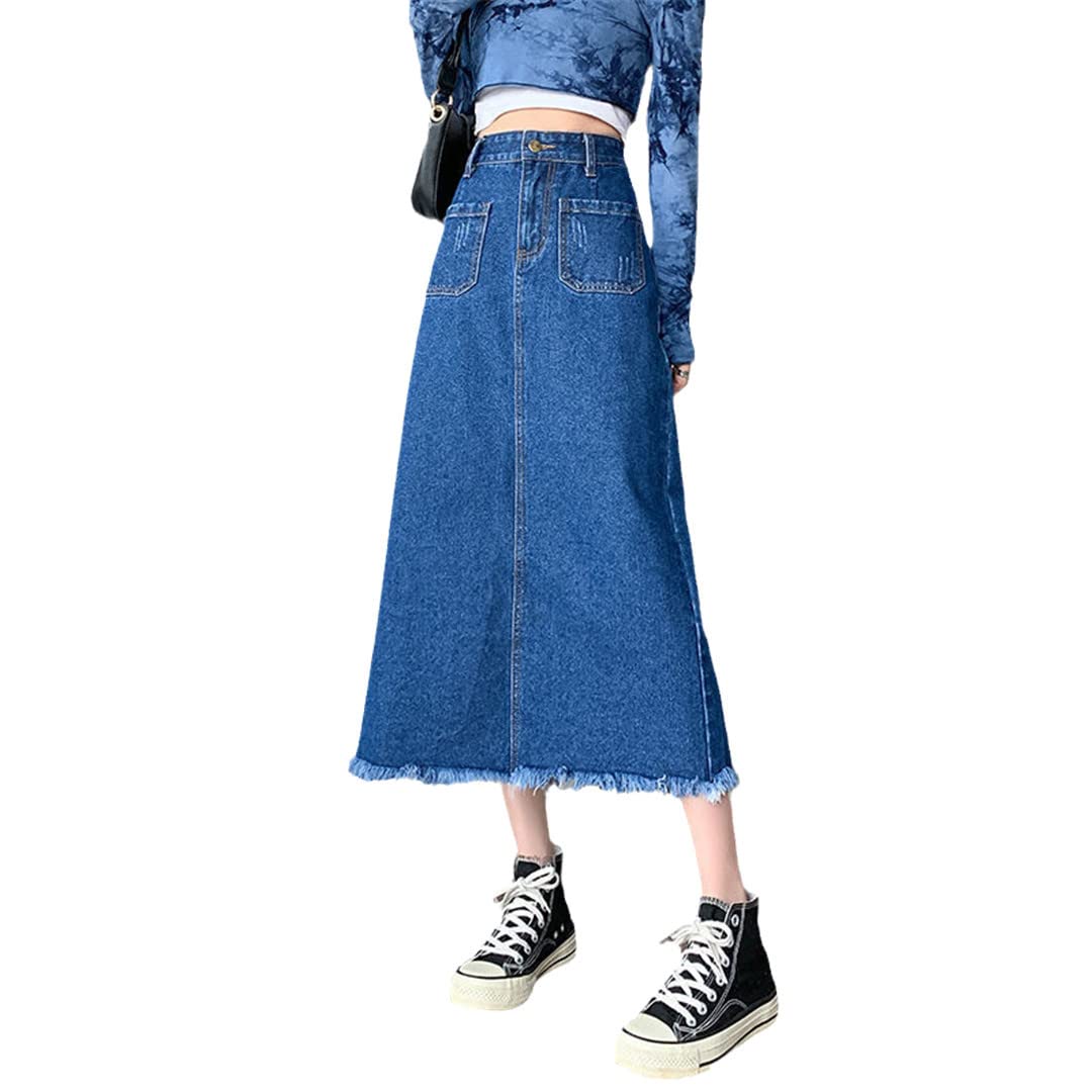 PYTRXGBO Gonna lunga estiva in denim Plus Size Word Gonna lunga a vita alta, Blu, M