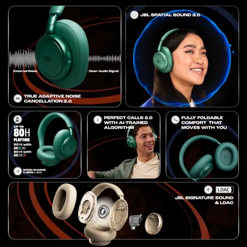 Image of JBL New Live 780NC, Advanced Noise Cancellation 2.0 Wireless Headphones, Technology (BT 6.0, Auracast, Hi-Res, LDAC, Spatial Sound, 6-mic, AI-Trained Algo) 80H Battery, 2Yrs* Warranty, Green | Bluetooth 6.0, Multipoint Connection, Up to 80 Hours Playtime, Customisable with the JBL Headphones App, Spatial Sound