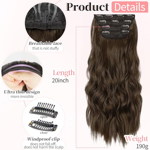 Image of KooKaStyle Clip in Synthetic Hair Extensions Long Wavy 4PCS Thick Hairpieces Chestnut Brown Fiber Double Weft Natural Hair Extensions 20 Inch for Women