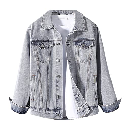 Veste en jean pour homme col montant gris L blouson denim décontracté loose