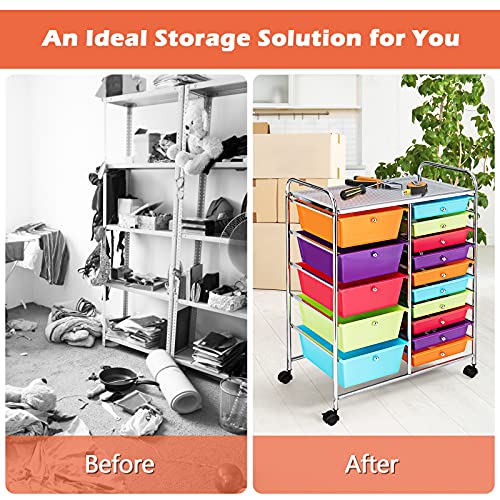 DREAMADE Rolling Cart with 15 Drawers, Rolling Drawer Organizer Cart w/Lockable Wheels, Removable & 2-Sized Storage Drawers, Art Cart for School Home Art Supplies Crafts File Scrapbook (Multi-color) - Image 9